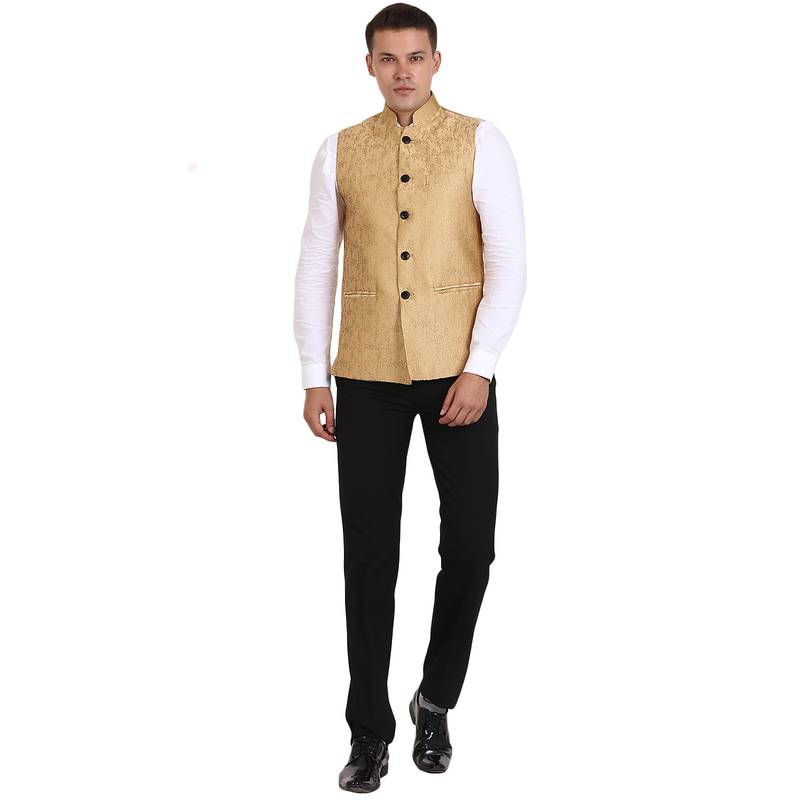 Golden Banarasi Print Nehru Jacket - Veera Paridhaan - 2746574