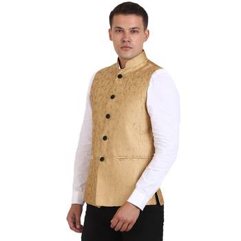 Golden Banarasi Print Nehru Jacket 3