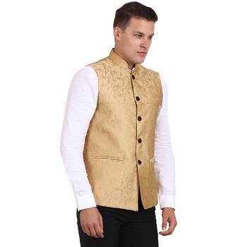 Golden Banarasi Print Nehru Jacket 4