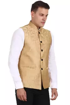 Golden Banarasi Print Nehru Jacket