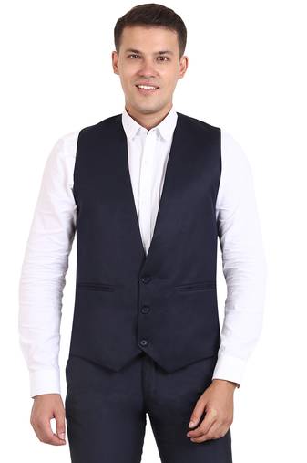 Blue Solid Cottonpoly Waistcoat