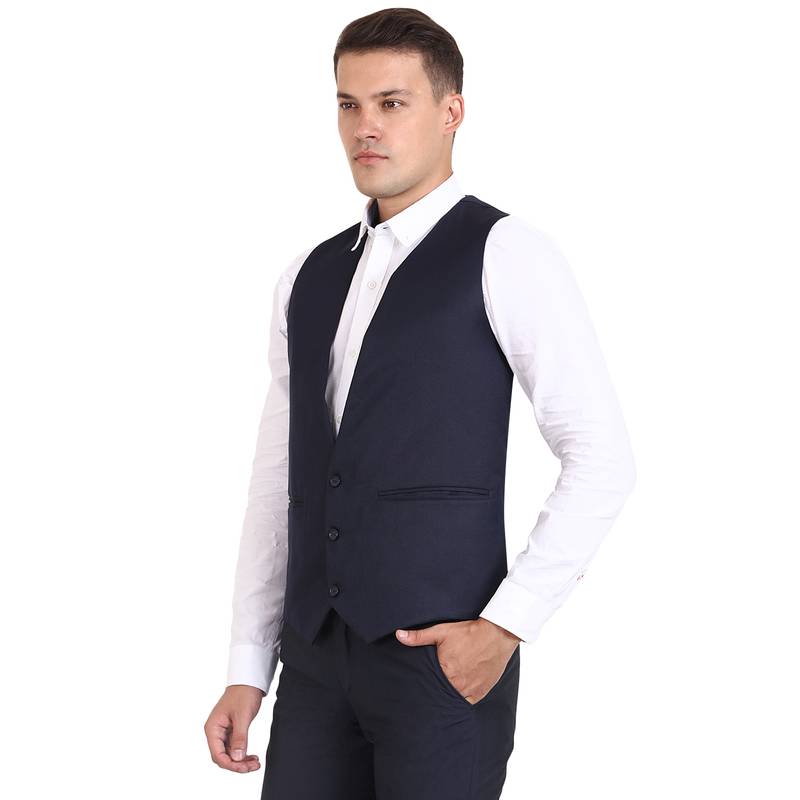 Blue Solid Cottonpoly Waistcoat
