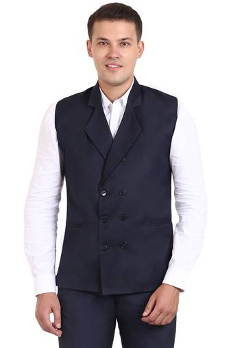Blue Solid Cottonpoly Waistcoat