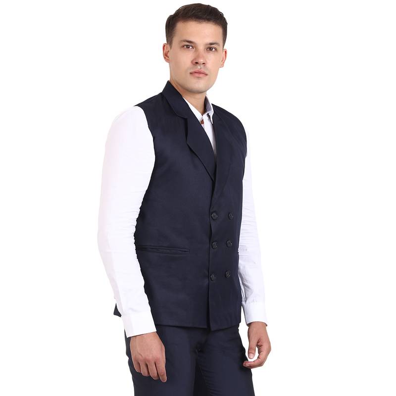Blue Solid Cottonpoly Waistcoat