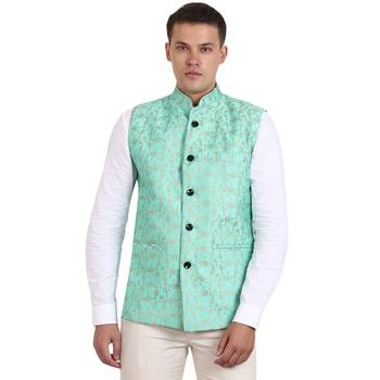 Green Banarasi Print Nehru Jacket 1