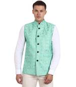 Green Banarasi Print Nehru Jacket