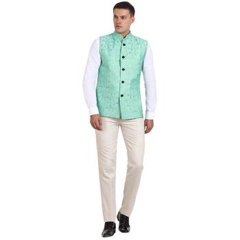 Green Banarasi Print Nehru Jacket 2