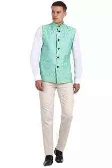 Green Banarasi Print Nehru Jacket