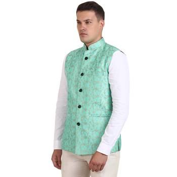 Green Banarasi Print Nehru Jacket 3