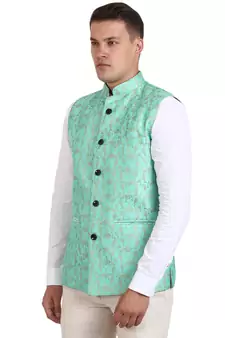 Green Banarasi Print Nehru Jacket