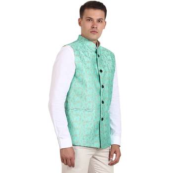 Green Banarasi Print Nehru Jacket 4