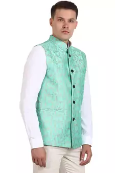 Green Banarasi Print Nehru Jacket