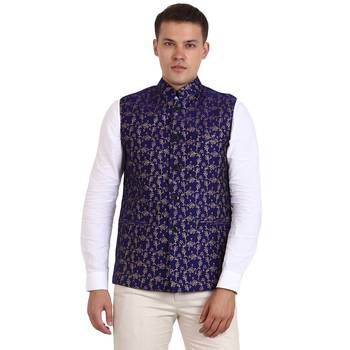 Blue Banarasi Print Nehru Jacket 1