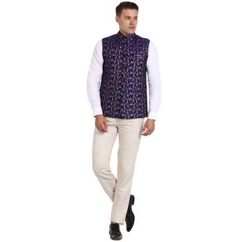 Blue Banarasi Print Nehru Jacket 2