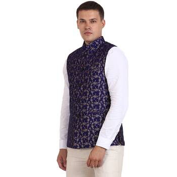 Blue Banarasi Print Nehru Jacket 3