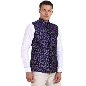Blue Banarasi Print Nehru Jacket 4