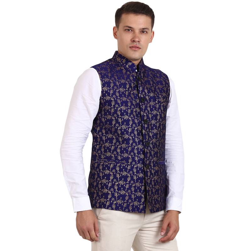 Blue Banarasi Print Nehru Jacket