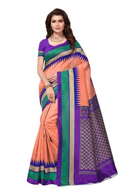 Orange printed bhagalpuri silk saree with blouse 1