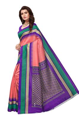 Orange printed bhagalpuri silk saree with blouse 2