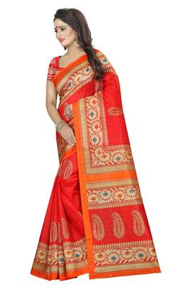 Red printed bhagalpuri silk saree with blouse 2