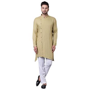Trendy Asymmetric Sherwani Style Khaki Men'S Kurta With White Pyjamas 1