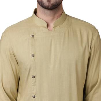 Trendy Asymmetric Sherwani Style Khaki Men'S Kurta With White Pyjamas 3