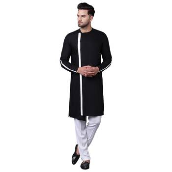 Dynamic Collarless Asymmertric Black Men'S Kurta With White Pyjamas 1