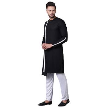 Dynamic Collarless Asymmertric Black Men'S Kurta With White Pyjamas 2