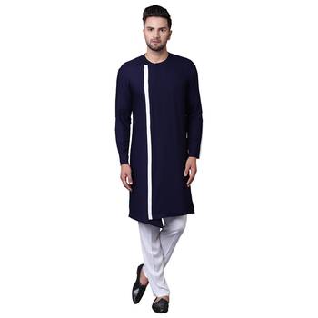 Dynamic Collarless Asymmertric Navy Blue Men'S Kurta With White Pyjamas 1
