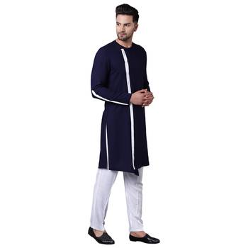 Dynamic Collarless Asymmertric Navy Blue Men'S Kurta With White Pyjamas 2