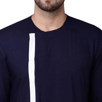 Dynamic Collarless Asymmertric Navy Blue Men'S Kurta With White Pyjamas 3