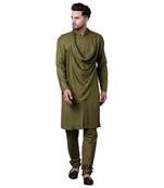 Stylish Shawl Neck Olive Men's Kurta With Olive Churidar