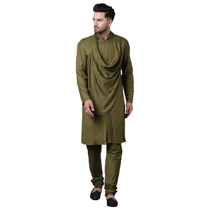 Stylish Shawl Neck Olive Men's Kurta With Olive Churidar