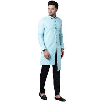 Swanky Pintucked Front Open Turquoise Blue Men'S Kurta Only 2