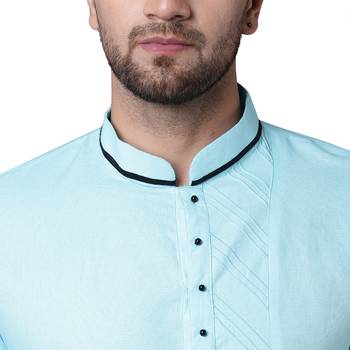 Swanky Pintucked Front Open Turquoise Blue Men'S Kurta Only 4
