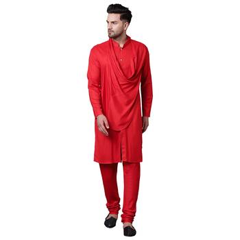 Stylish Shawl Neck Red Men'S Kurta With Red Churidar 1