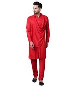 Stylish Shawl Neck Red Men'S Kurta With Red Churidar