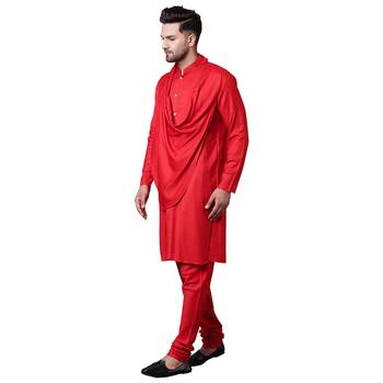 Stylish Shawl Neck Red Men'S Kurta With Red Churidar 2