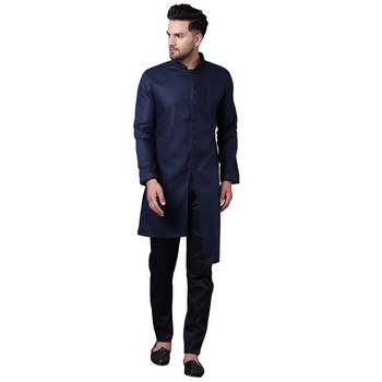 Swanky Pintucked Front Open Navy Blue Men'S Kurta Only 1