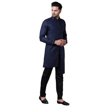 Swanky Pintucked Front Open Navy Blue Men'S Kurta Only 2