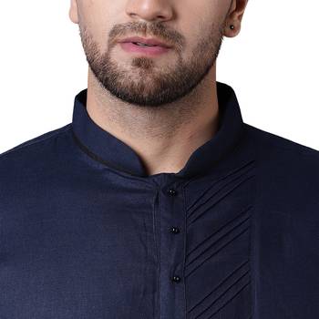 Swanky Pintucked Front Open Navy Blue Men'S Kurta Only 4