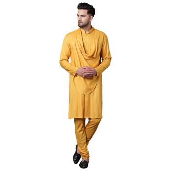 Stylish Shawl Neck Mustard Men's Kurta With Mustard Churidar 1