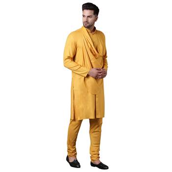 Stylish Shawl Neck Mustard Men's Kurta With Mustard Churidar 2