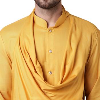 Stylish Shawl Neck Mustard Men's Kurta With Mustard Churidar 3