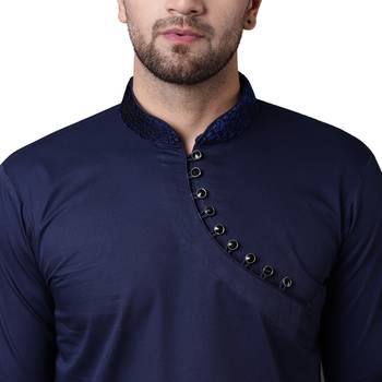 Daring Angrakha Placket Navy Blue Men'S Kurta Only 4