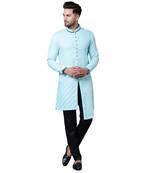 Swanky Pintucked Front Open Turquoise Blue Men'S Kurta With Black Trousers