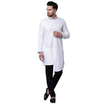 Swanky Pintucked Front Open White Men'S Kurta With Black Trousers 1