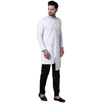 Swanky Pintucked Front Open White Men'S Kurta With Black Trousers 2