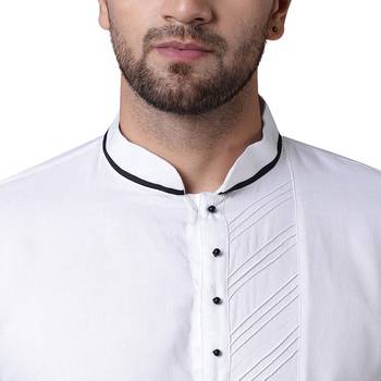 Swanky Pintucked Front Open White Men'S Kurta With Black Trousers 3