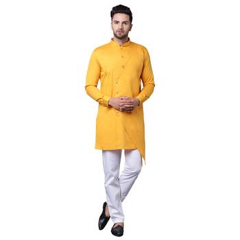 Trendy Asymmetric Overlap Mustard Men'S Kurta Only 1